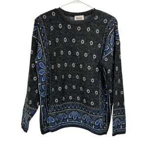 Vintage 80s 90s Size Large Bandana Print Gray Blue Sweater Boho Western Cabin